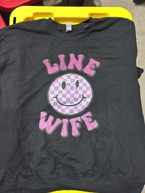 Gildan Black Sweatshirt with Pink Checkerboard Smiley and 'LINE WIFE' Text